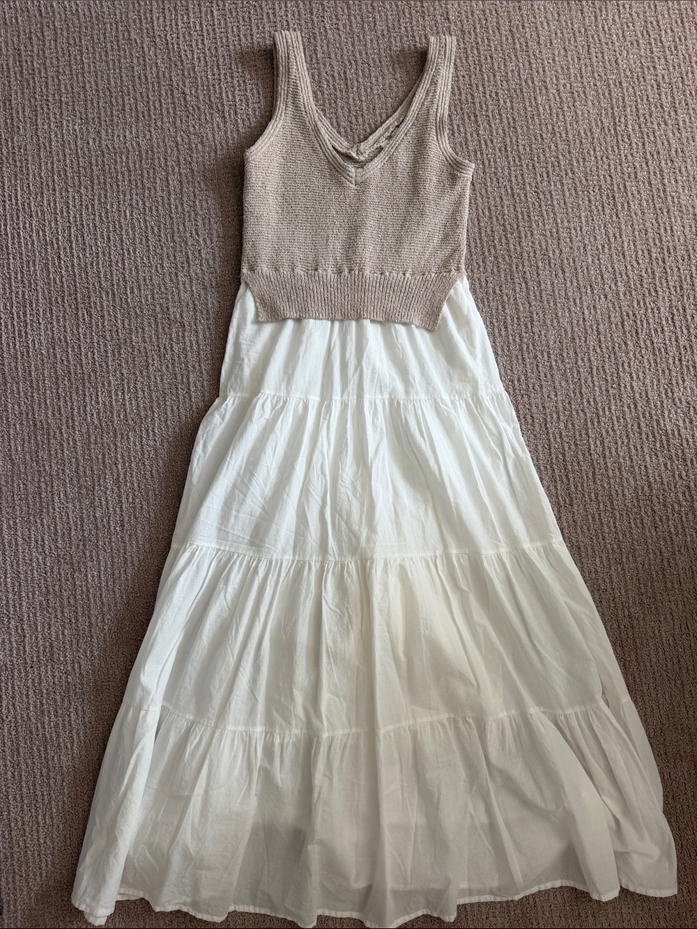 Elan Beige Knit Bodice White Maxi Skirt Dress